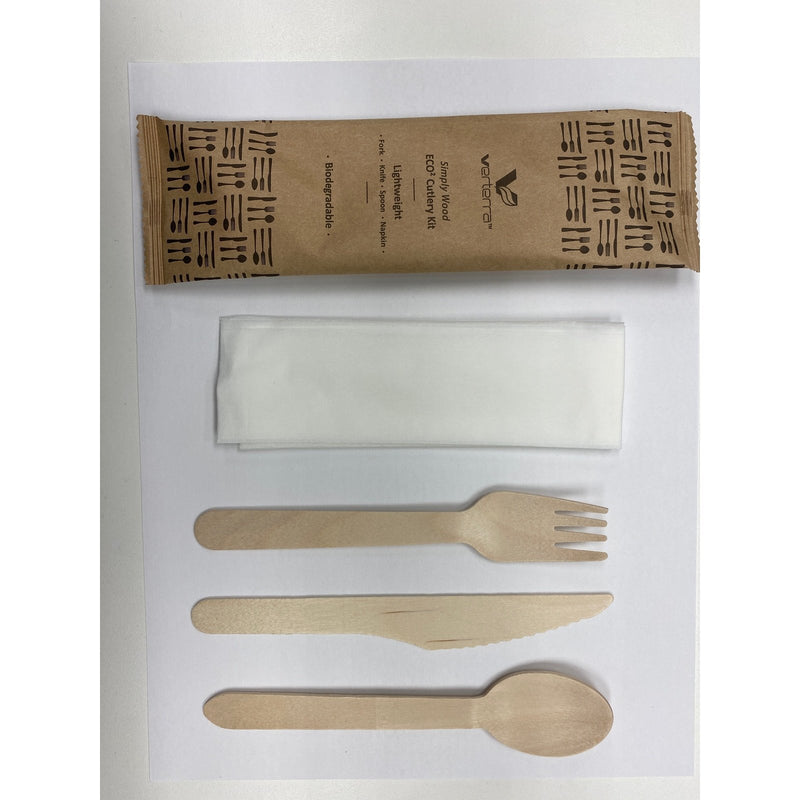 VerTerra Light Weight Wooden Cutlery Set Fork, Knife, Spoon + Napkin 6"