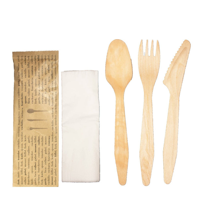 VerTerra Heavy Weight Wooden Cutlery Set Fork, Knife, Spoon + Napkin 7"